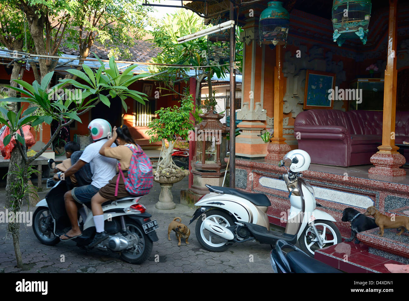 Indonesia Bali Kuta, famiglia su una moto di uscire di casa Foto Stock