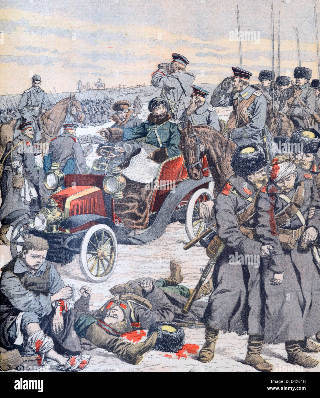 Russo generale Aleksey Nikolayevich Kurodatkin visita fronte russo in Manciuria durante la guerra russo-giapponese (dicembre 1904) Vintage Illustration Foto Stock