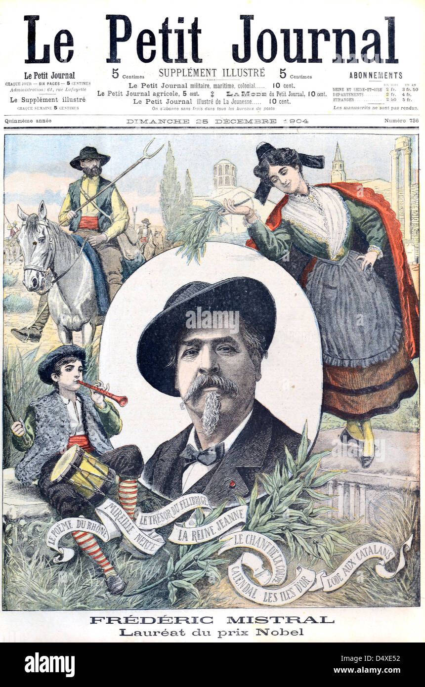 Copertina del primo giornale illustrato francese "le Petit Journal" con ritratto del vincitore del premio Nobel Frederic Mistral (dicembre 1904) Illustrazione vintage Foto Stock