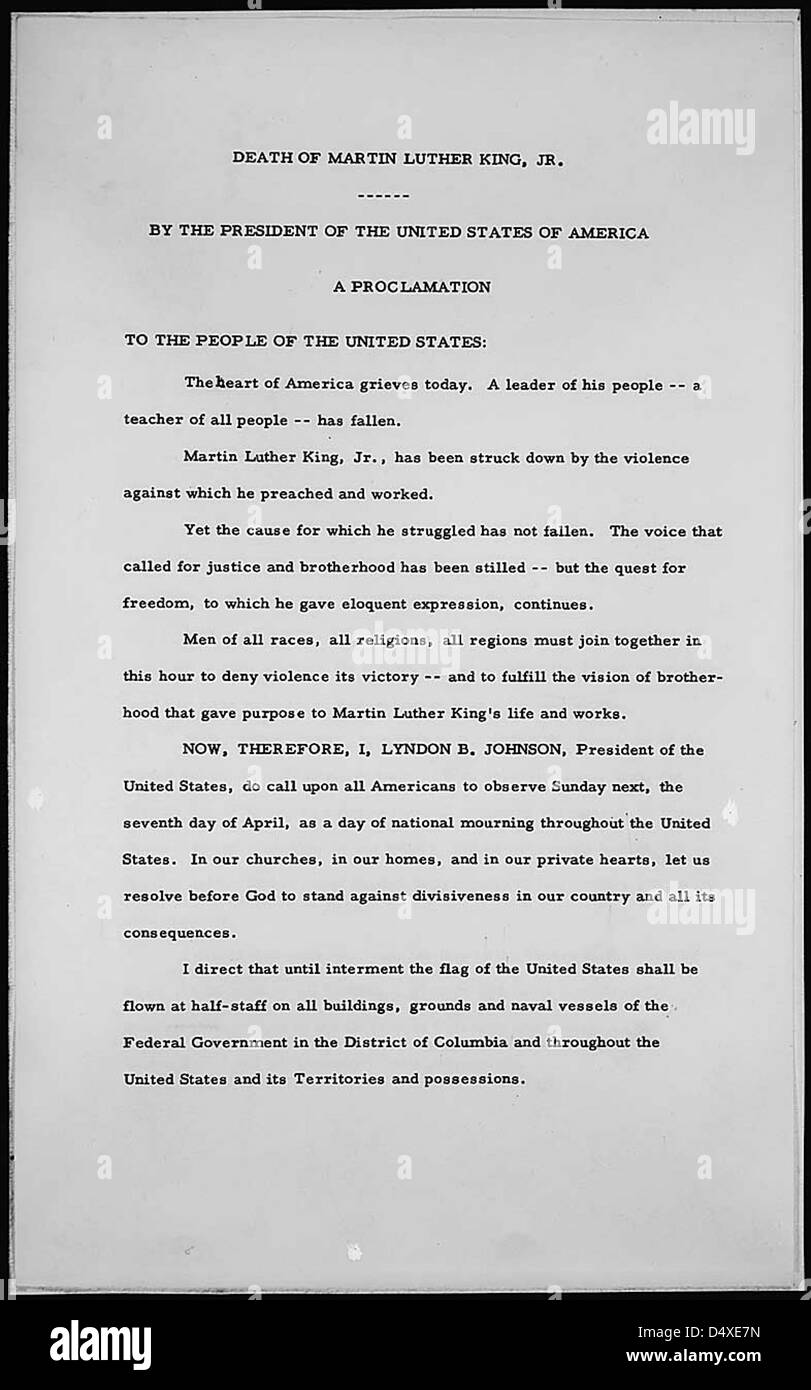 Proclamazione presidenziale 3839 del 5 aprile 1968, da parte del presidente Lyndon B. Johnson che designa domenica 7 aprile 1968, come giorno di lutto nazionale per Martin Luther King, Jr., 04/05/1968 (pagina 1 di 2) Foto Stock