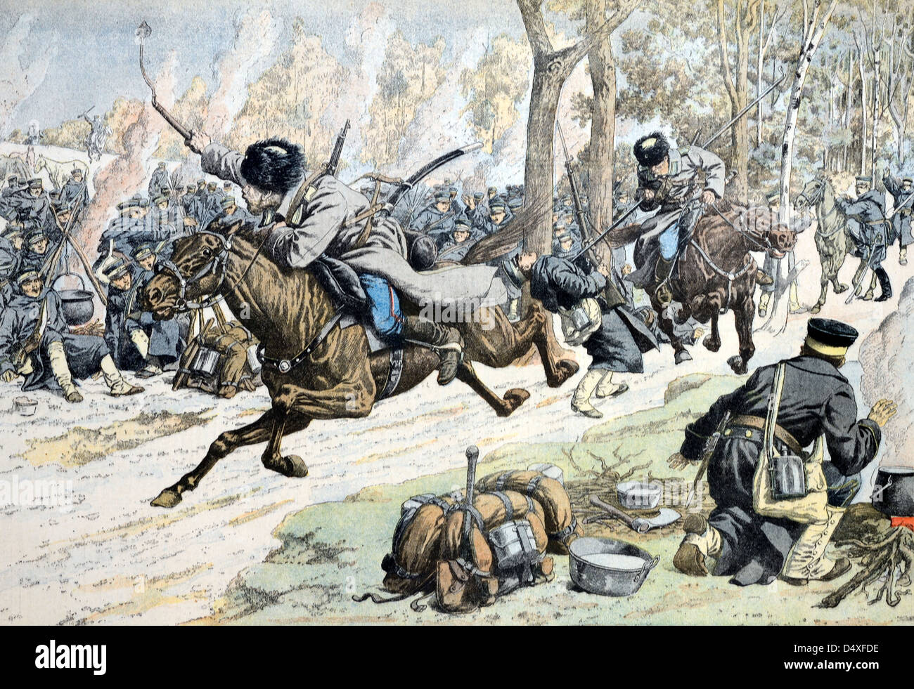 Illustrazione vintage o antica della cavalleria russa Cossack Breeching linee giapponesi a Port Arthur Manchuria durante la guerra russo-giapponese (giugno 1904) Foto Stock