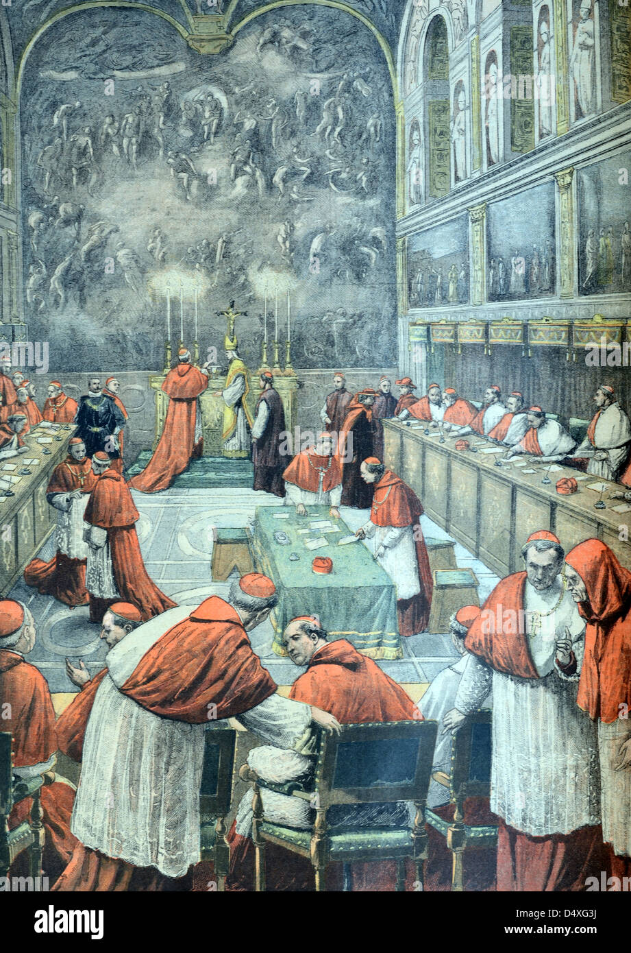 Conclave Papale o Collegio Cardinalizio nella Cappella Sistina Vaticano Roma (agosto 1903) Italia. Illustrazione o incisione vintage Foto Stock
