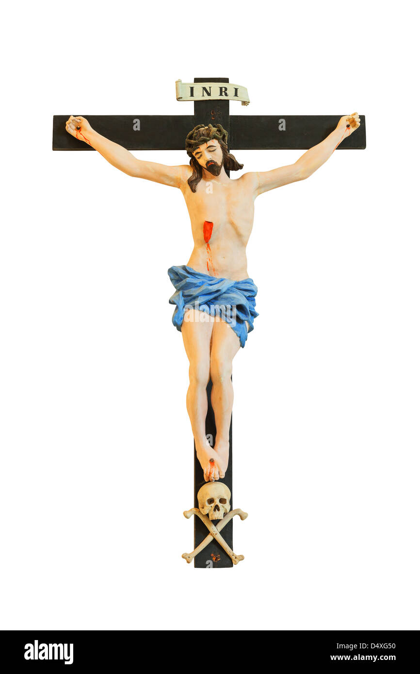 Gesù Cristo sulla Croce. Crocifisso isolati su sfondo bianco. Foto Stock