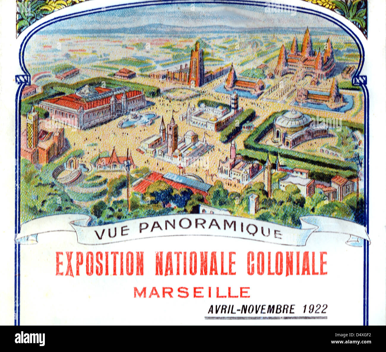 Pubblicità, Pubblicità o Pubblicità per la Mostra Nazionale coloniale di Marsiglia 1922 Francia con vista panoramica del sito espositivo. Illustrazione o incisione vintage Foto Stock