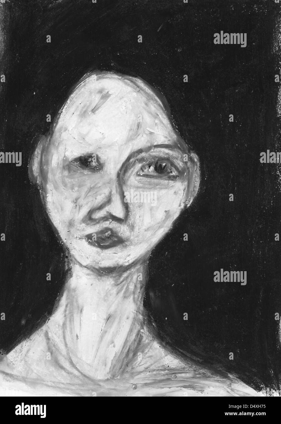 Ritratto di un bianco premuto faccia dipinta su uno sfondo nero. Foto Stock