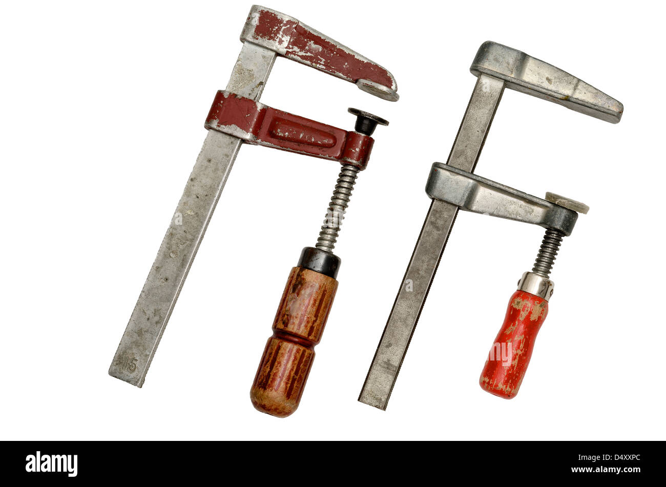 Due morsetti usati per fissare il legname. Isolato su sfondo bianco Foto Stock