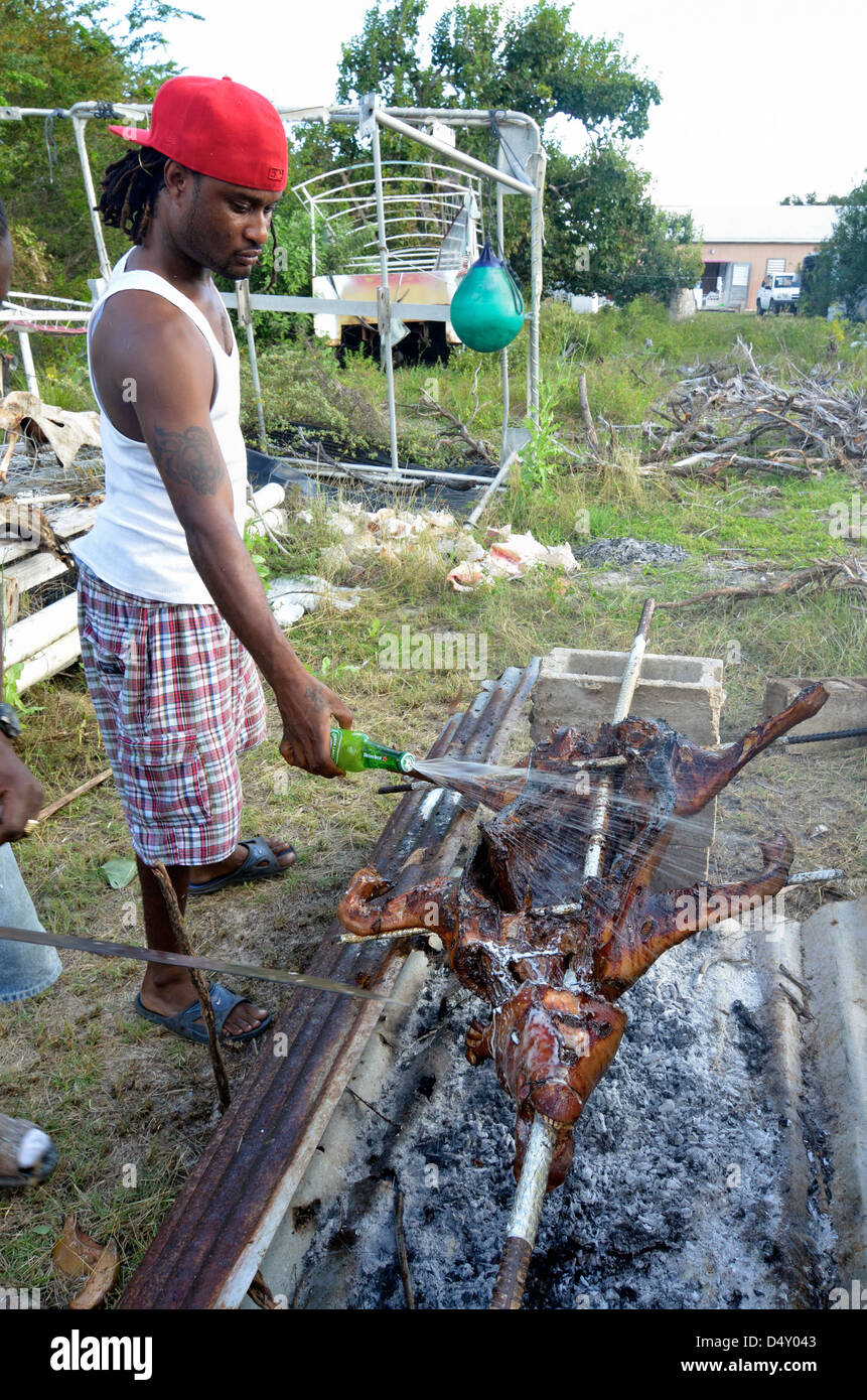 Versare birra su di un maiale di grigliatura, Anegada, Isole Vergini Britanniche. Foto Stock