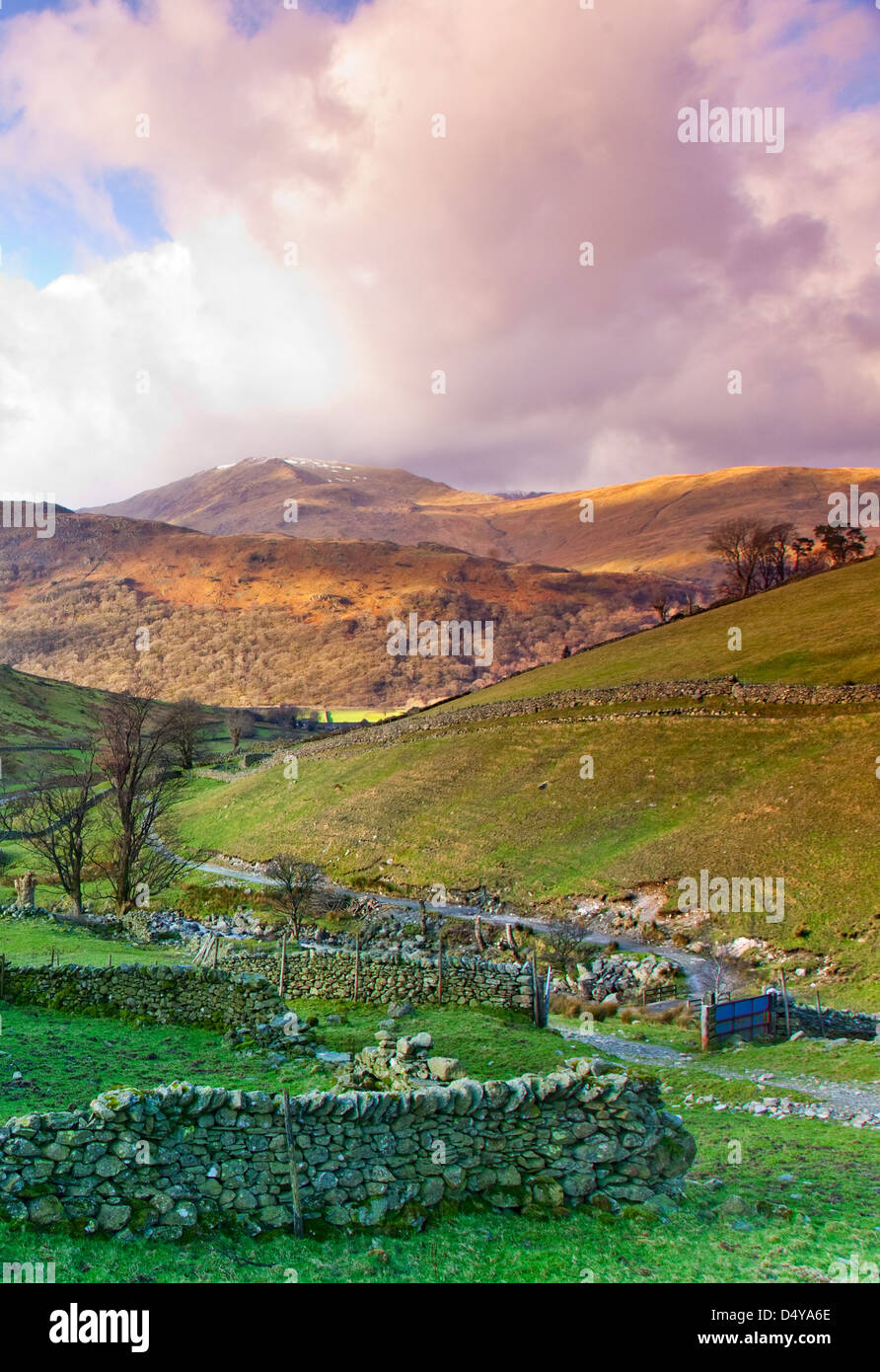 Il sentiero che scende dal Haywater verso Hartsop Village, Gennaio, area Patterdale, Parco Nazionale del Distretto dei Laghi, Foto Stock