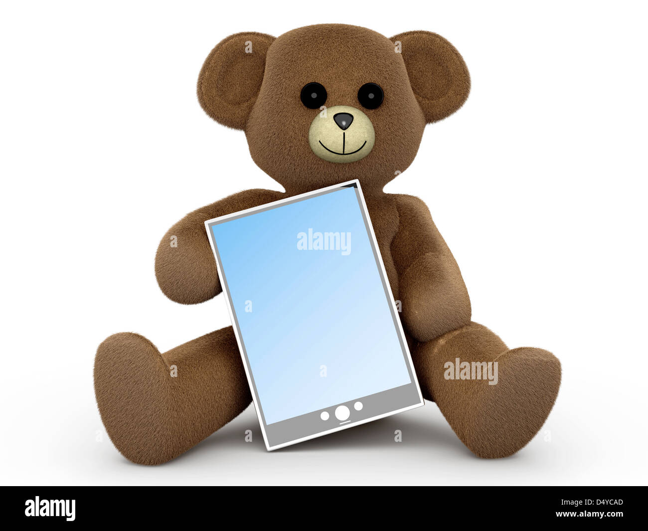 Un Orsetto con un Tablet PC. 3D reso illustrazione. Foto Stock