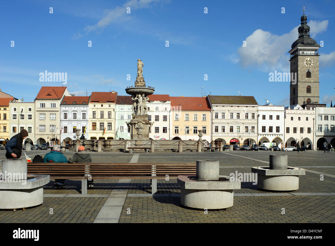 Ceske Budejovice, Repubblica ceca, la Piazza del Mercato con Sansone e Torre Nera Foto Stock