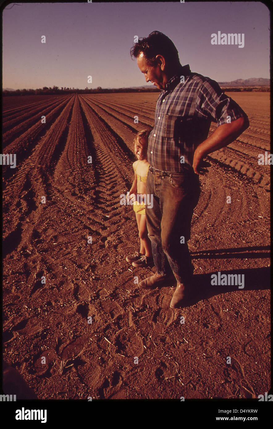 Coltivatore di cotone, John Vanderslice e sua figlia stand su piantate campo, Maggio 1972 Foto Stock
