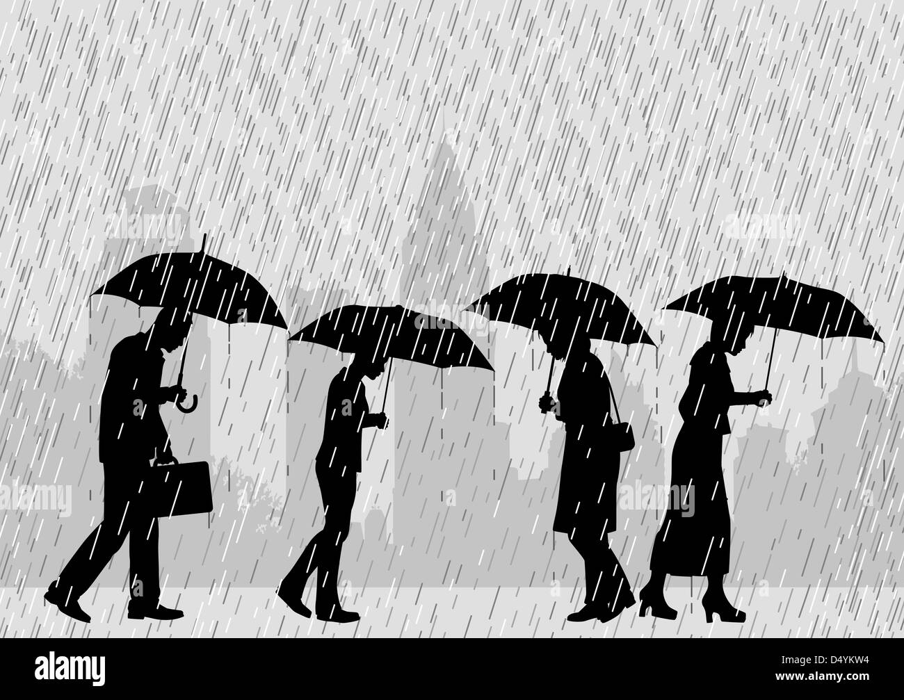 Illustrazione della gente su una strada di città a piedi attraverso la pioggia con ombrelloni Foto Stock
