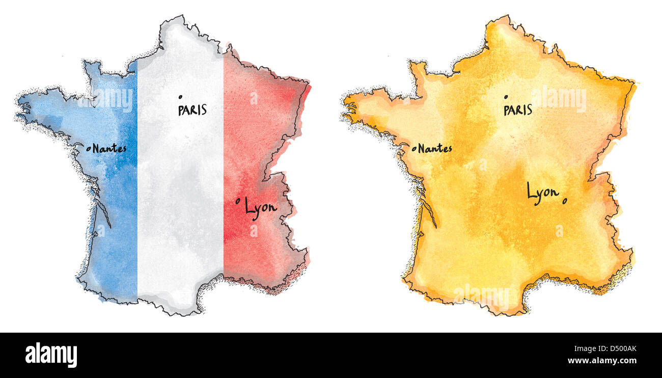 Mappa Francia sulla bandiera acquarello dipinto. Foto Stock