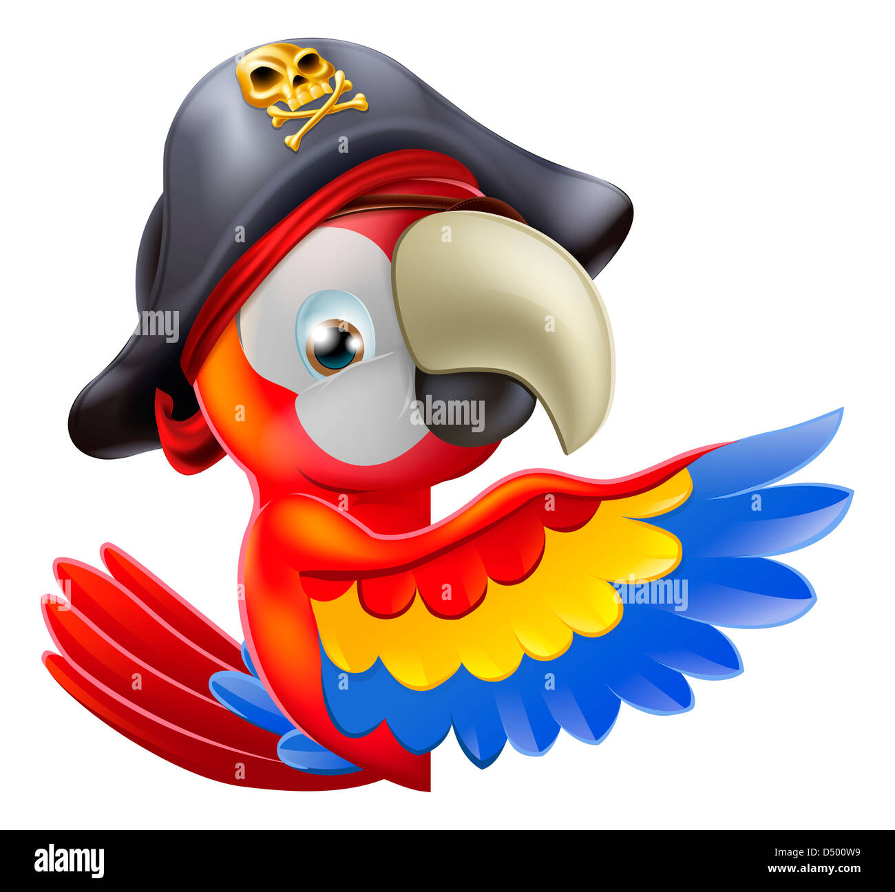 Un disegno di un cartoon pirata pappagallo carattere rotondo pendente un segno o un banner e dispositivo di puntamento con il suo o la sua ala Foto Stock