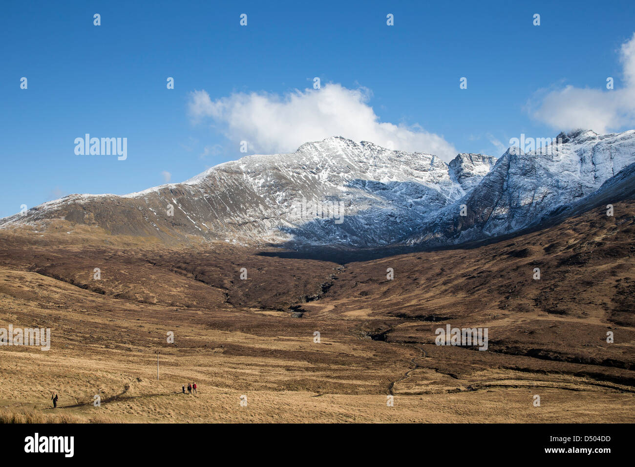 Gli escursionisti di ritorno da la fata per piscine di Glen fragile, Isola di Skye Foto Stock