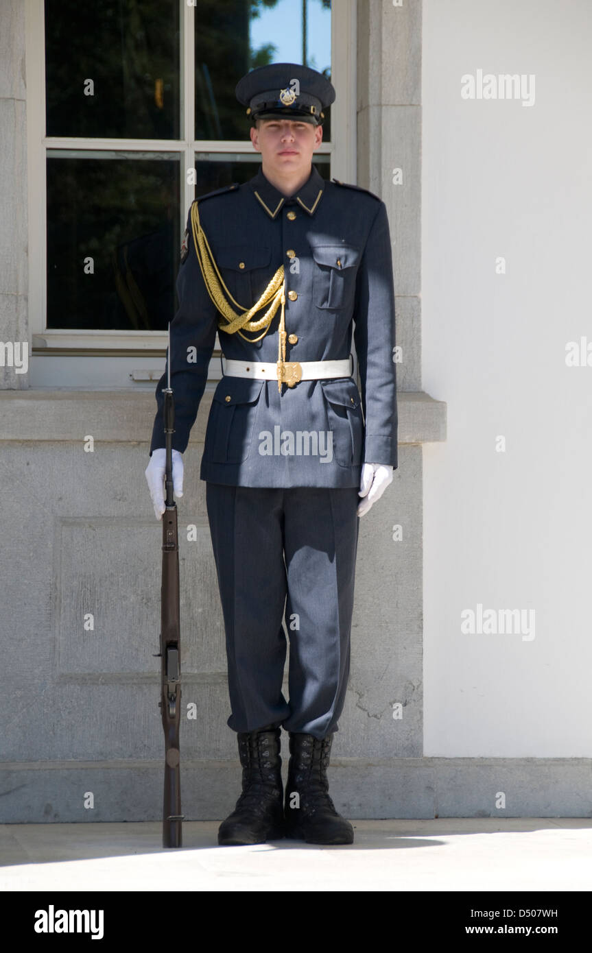 Una sentry estone che custodisce l'ingresso principale della residenza ufficiale del Presidente della Repubblica di Estonia, il palazzo del presidente a Kadriorg Foto Stock