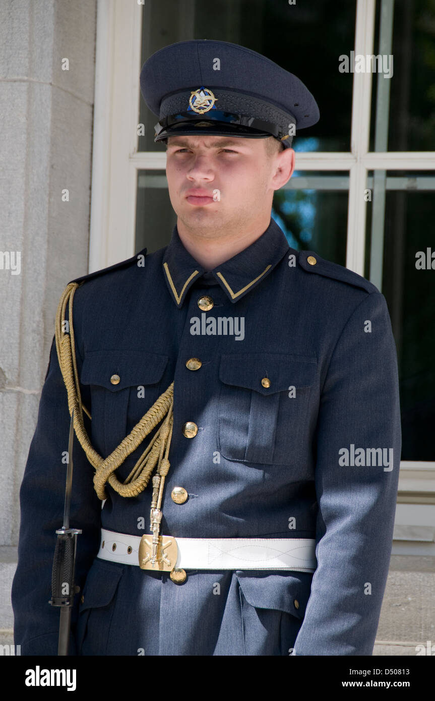 Una sentry estone che custodisce l'ingresso principale della residenza ufficiale del Presidente della Repubblica di Estonia, il palazzo del presidente a Kadriorg Foto Stock