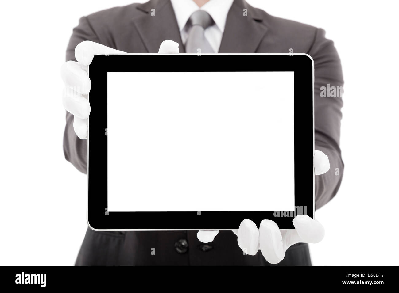Imprenditore azienda tablet pc con schermo vuoto Foto Stock