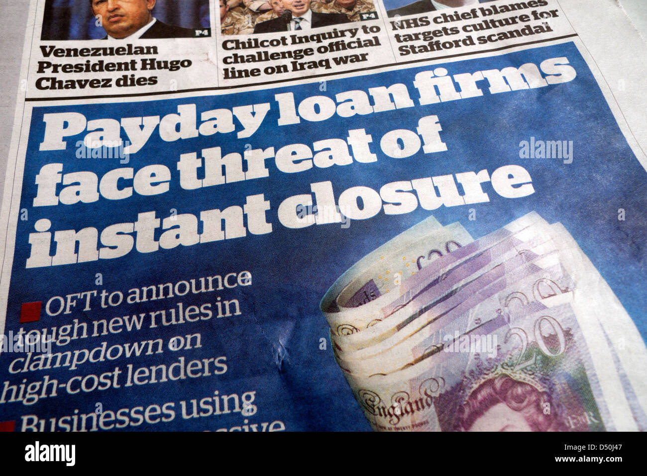 "Payday Loan imprese affrontare la minaccia di chiusura immediata' OFT front page titoli di giornale indipendente il 6 marzo 2013 in Londra England Regno Unito Gran Bretagna Foto Stock