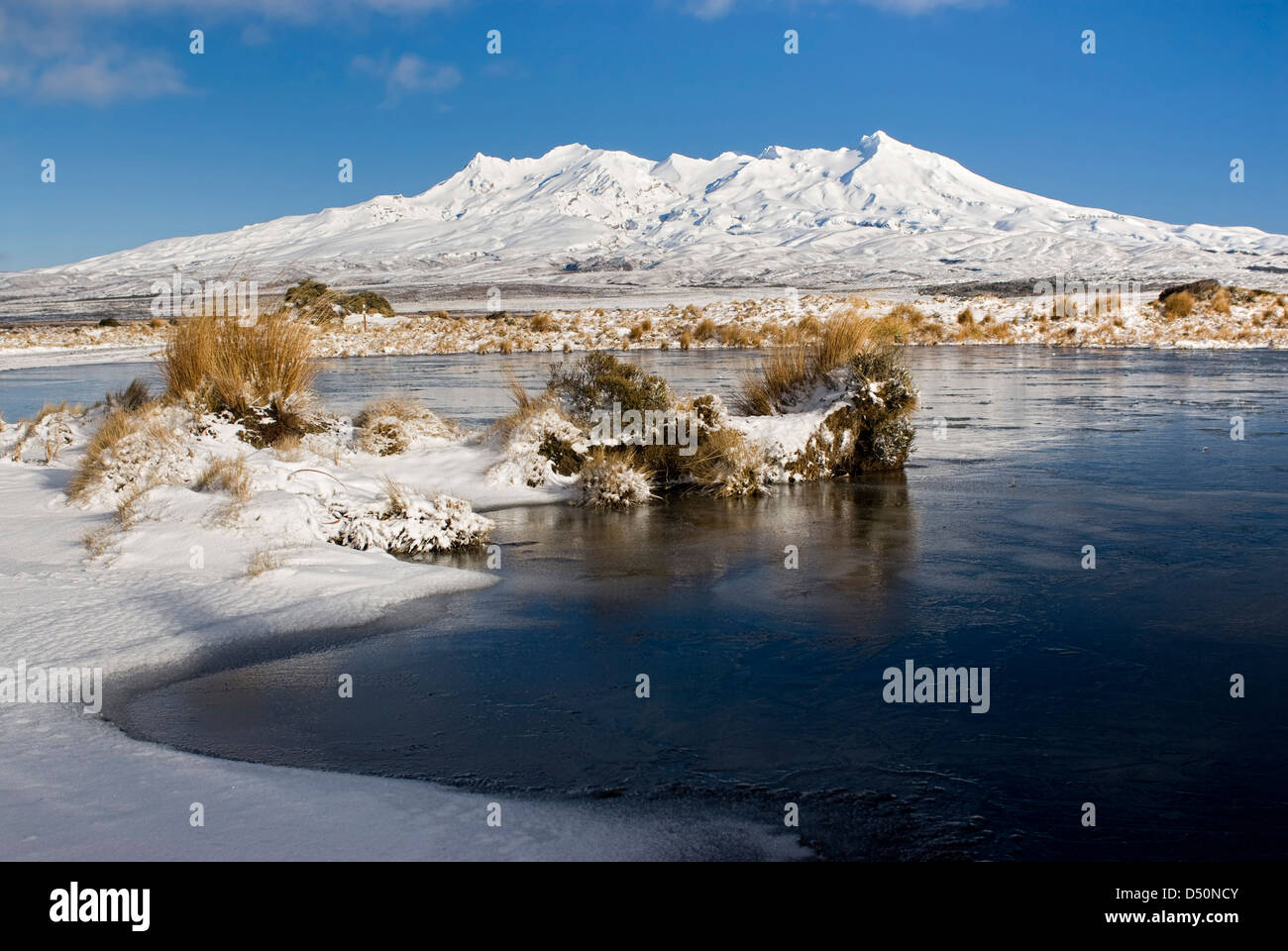 Lago ghiacciato con il Monte Ruapehu, parco nazionale di Tongariro, Manawatu-Wanganui, Nuova Zelanda Foto Stock