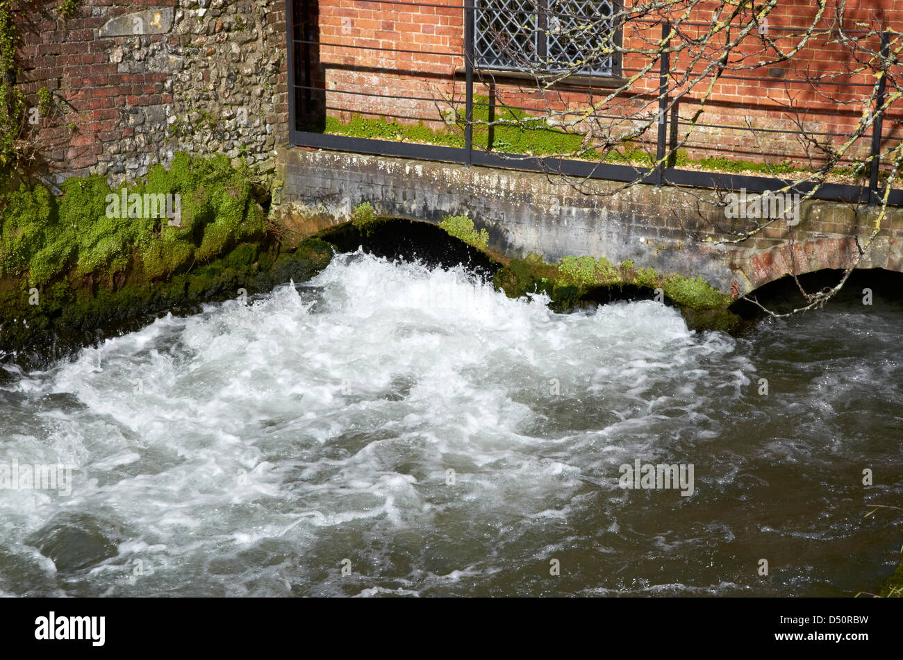 L'acqua che scorre attraverso minor mill race, Città Mill, Winchester, Hampshire, Inghilterra, NT conserve di mulino ad acqua visto dalla strada pubblica. Foto Stock