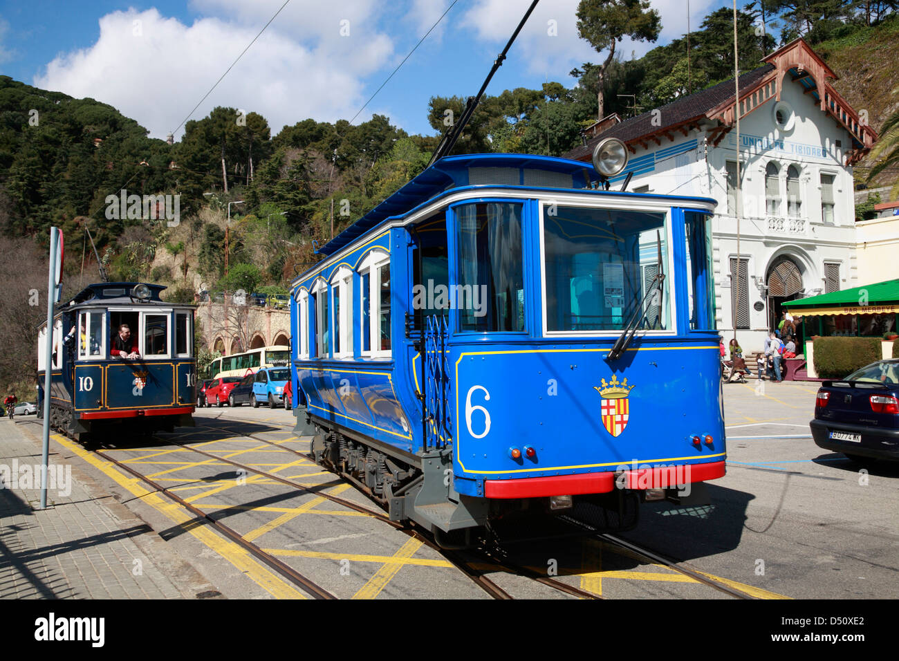 La storica Tramvia Blau a monte Tibidabo, Barcellona, Spagna Foto Stock