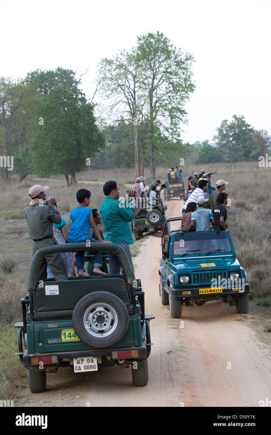 I visitatori su safari nel Parco Nazionale di Kanha nel Madhya Pradesh, India. Foto Stock