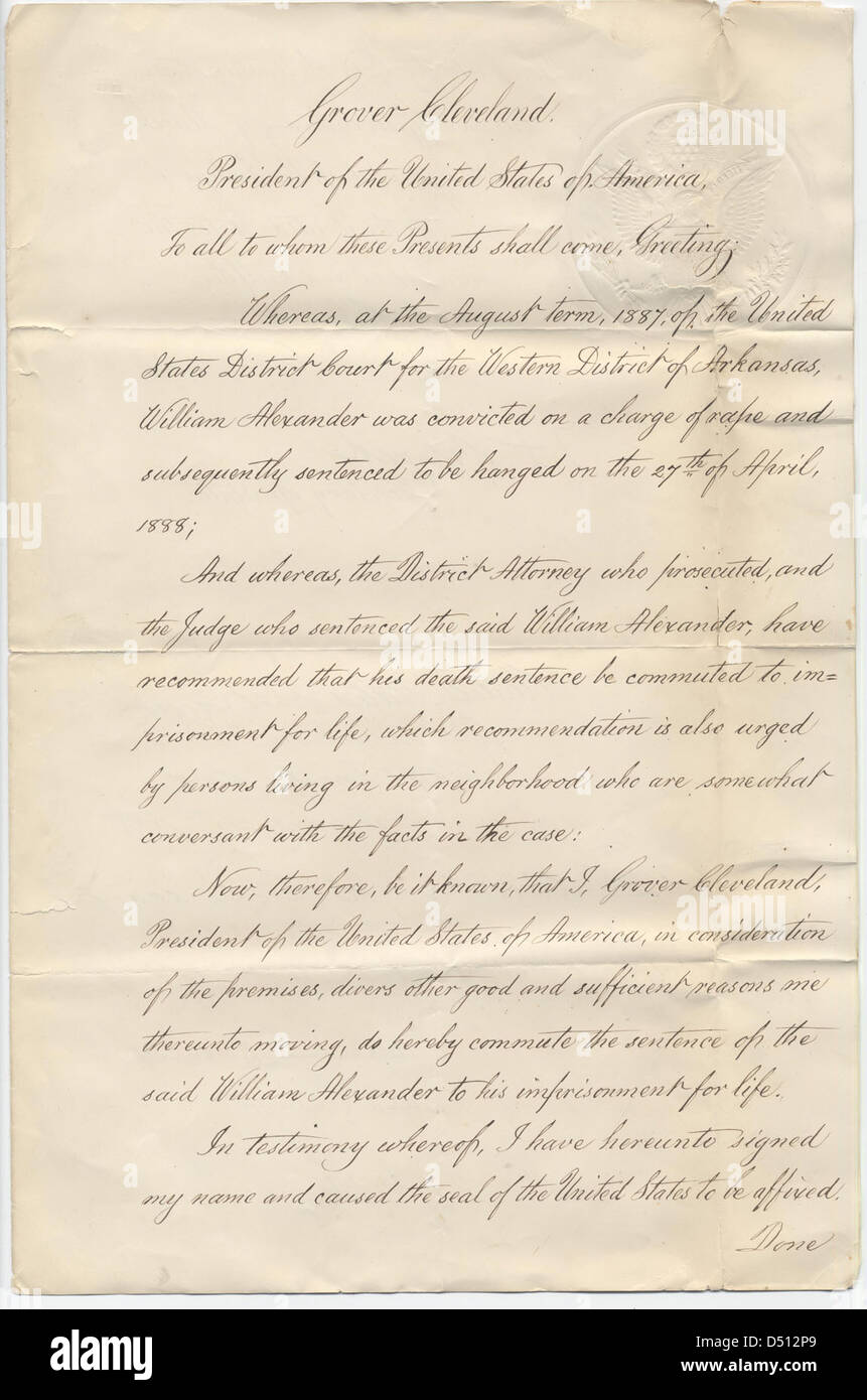 Presidente Grover Cleveland la commutazione di William Alexander la condanna a morte - Pagina 1 Foto Stock