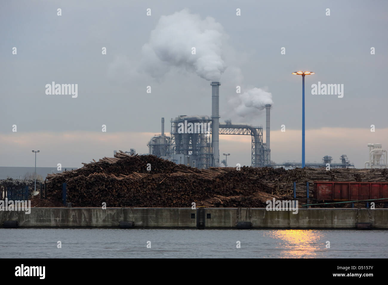Wismar, Germania, comignoli fumanti di impianto industriale Klausner Nordic Timber Foto Stock