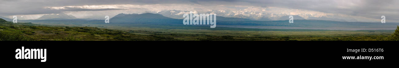 Panorama di Alaska Range w Mt. McKinley (Denali) parzialmente oscurata da nuvole, Eielson Visitor Center, Alaska, STATI UNITI D'AMERICA Foto Stock