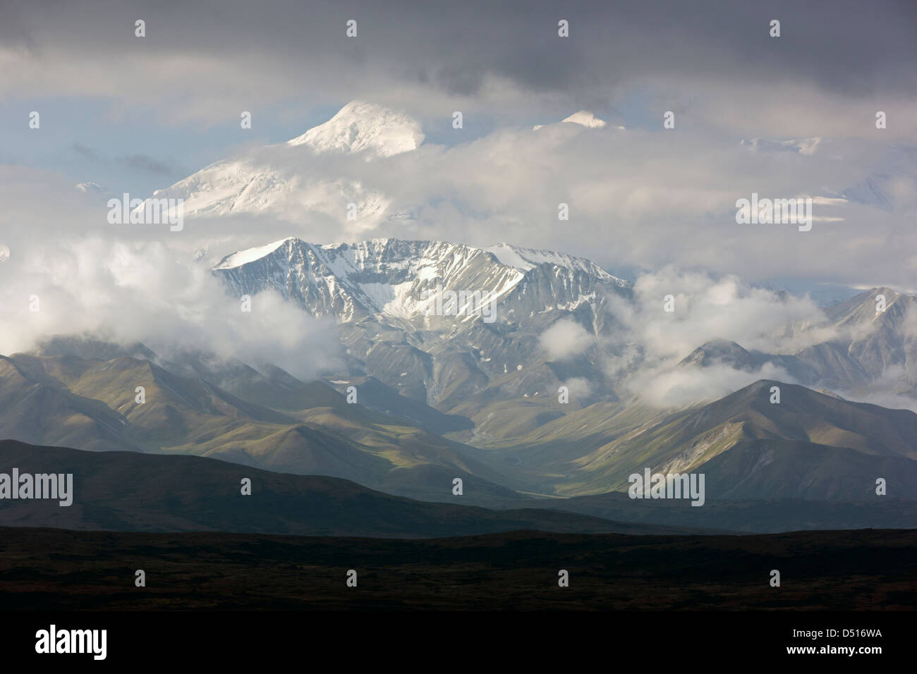 Mt. McKinley (Denali), il punto più alto in Nord America (20,320') visto dal lato ovest del Parco Nazionale di Denali, AK Foto Stock