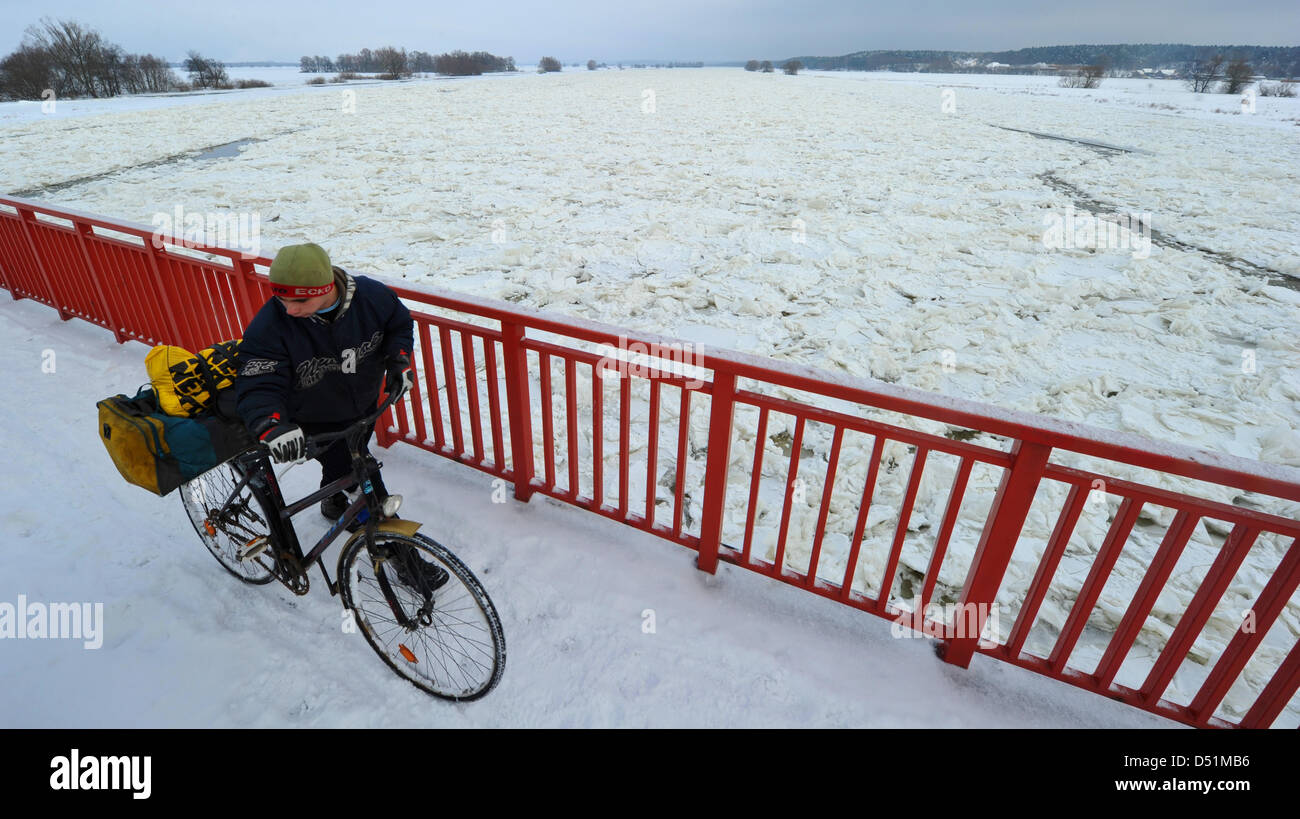 Vista del fiume Oder dal ponte sul confine tra Polonia e Germania a Schwedt, Germania, 27 dicembre 2010. Il fiume di confine è parzialmente congelati con la deriva di ghiaccio ed il livello è in aumento. Gelide temperature sono le previsioni per i prossimi giorni nella Germania orientale. Foto: PATRICK PLEUL Foto Stock