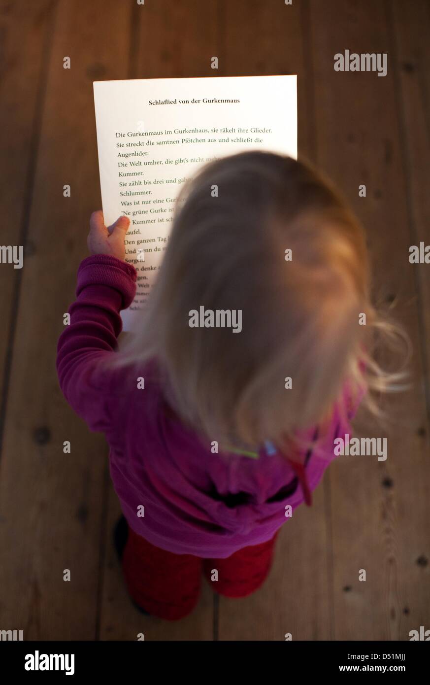 Il illustarion mostra una ragazza con i testi dei bambini nel libro dei canti le mani a Dresda, Germania, 28 dicembre 2010. Il tedesco di eseguire la società dei diritti di esecuzione musicale e la riproduzione (GEMA) è esigenti canoni di licenza da scuole materne che sono photocoping testi e musica da songbooks - se questi brani sono protetti da copyright e se questi diritti si trovano con la guarnizione Foto Stock