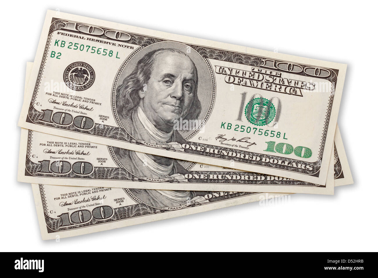 Trecento American Dollar Bills denaro isolato su sfondo bianco Foto Stock