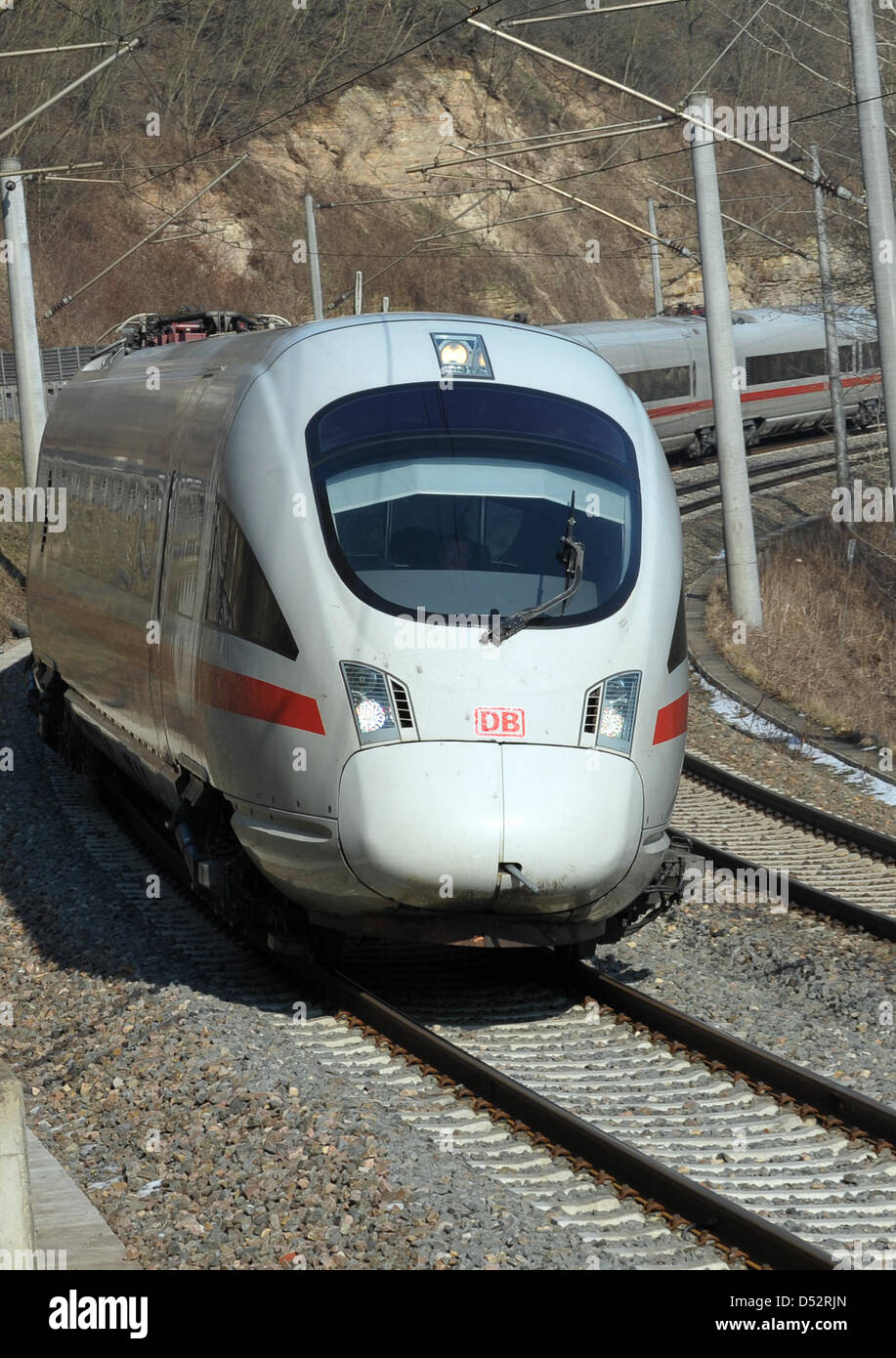 Un treno ad alta velocità ICE passa Saale Valley vicino a Grosseutersdorf, Germania, 09 marzo 2010. Esperti e rappresentanti di Stati federali della Turingia, il Land della Baviera e della Sassonia-Anhalt europee hanno concordato sulla necessità di mantenere il fiume Saale collegamento rapido oltre 2017. Città interessate teme la loro connessione superflue quando il percorso Berlin-Munich verrà completata. Foto: Jan-Peter Kasper Foto Stock