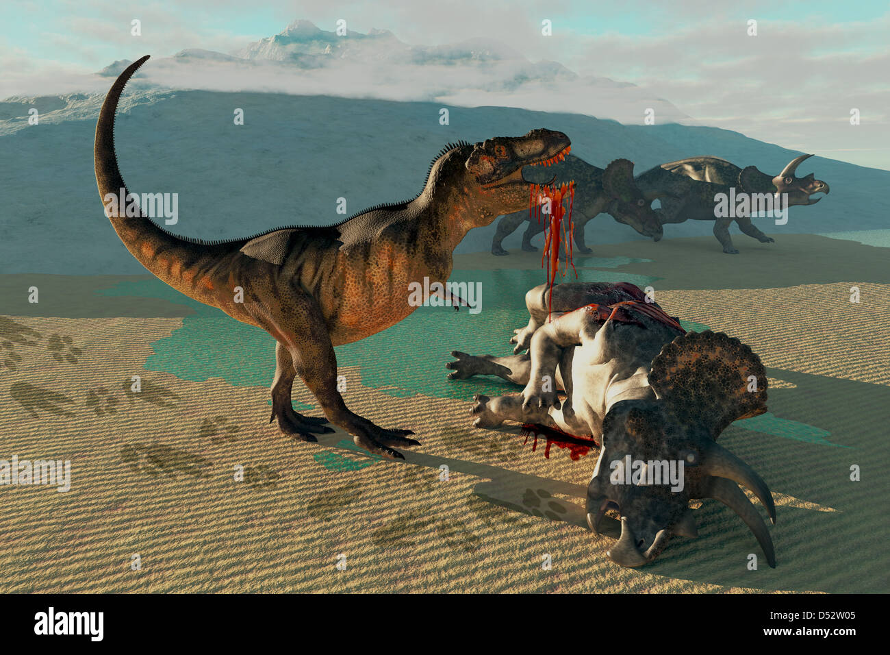 Due Triceratops sono altamente sconvolto come un Tirannosauro Rex uccide e divora il loro amico. Foto Stock