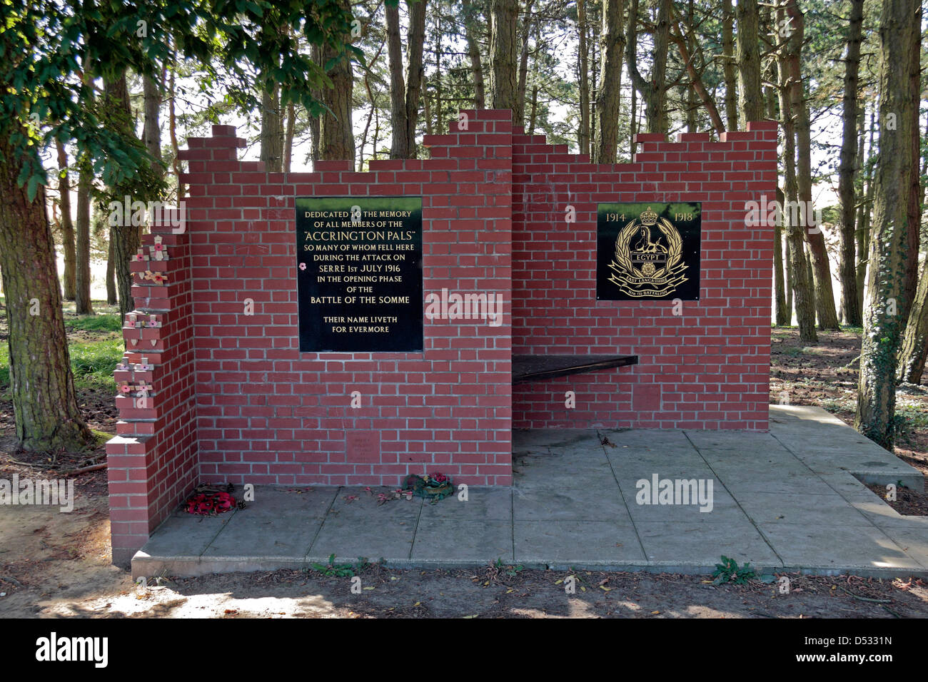 Il memorial dedicato a Accrington Pals in Sheffield Memorial Park, Somme Picardia, Francia. Foto Stock