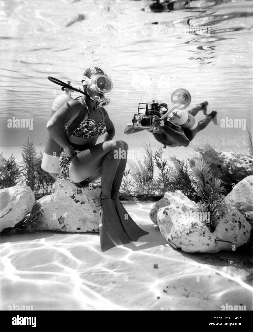 Un subacqueo e un fotografo catturano immagini subacquee ai Cypress Gardens di Winter Haven, Florida. L'attrazione iconica è conosciuta per le sue splendide sorgenti e il significato storico nell'industria turistica della Florida. Foto Stock