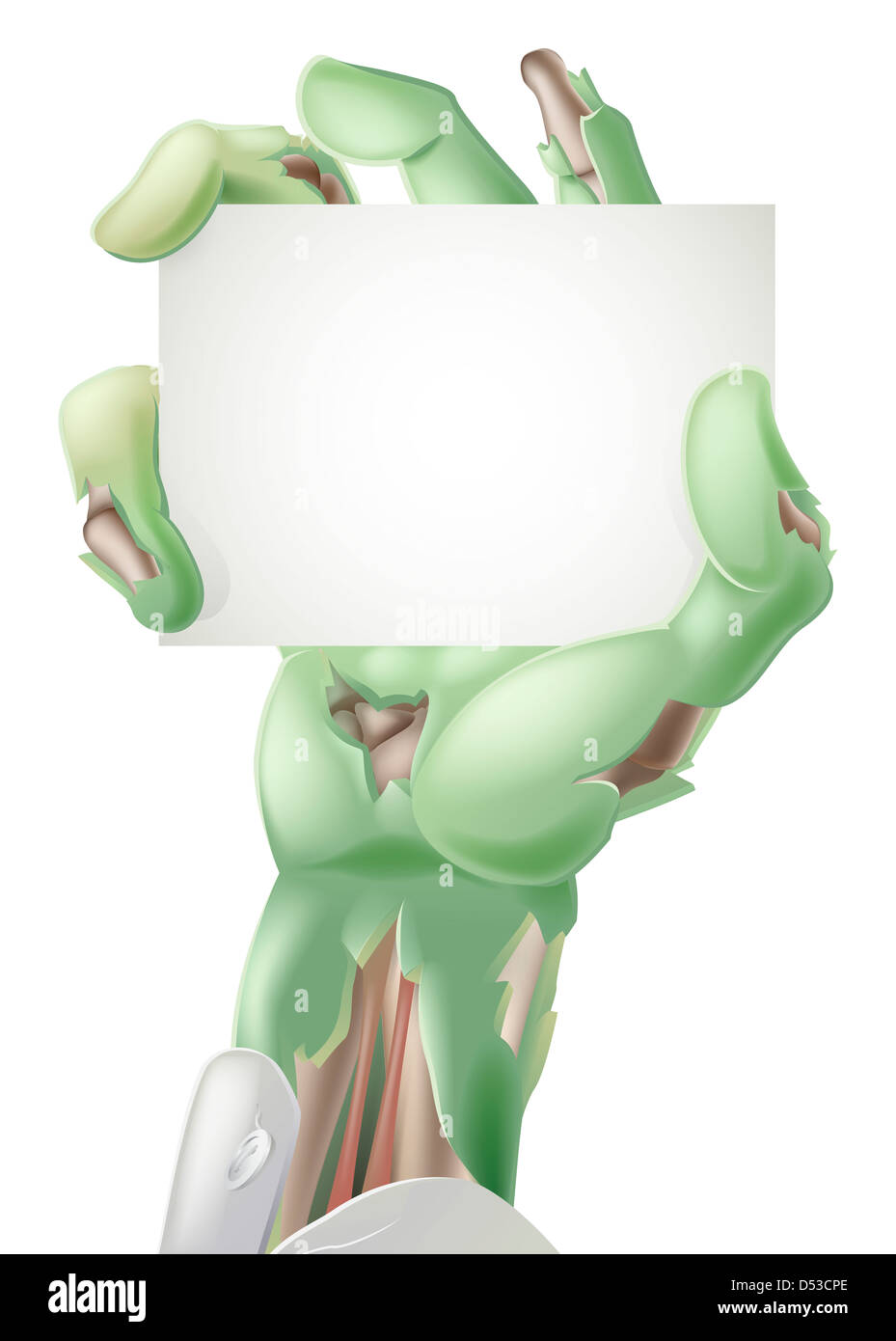 Un Halloween zombie undead mano che tiene un cartello vuoto pronto per il testo o immagine Foto Stock