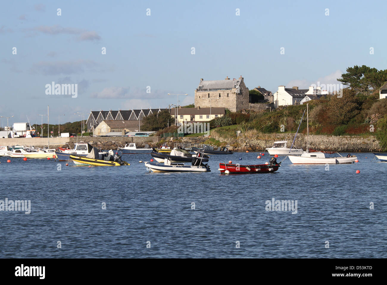 Barche ormeggiate a Baltimore County Cork in Irlanda con il castello di Baltimora in background Foto Stock