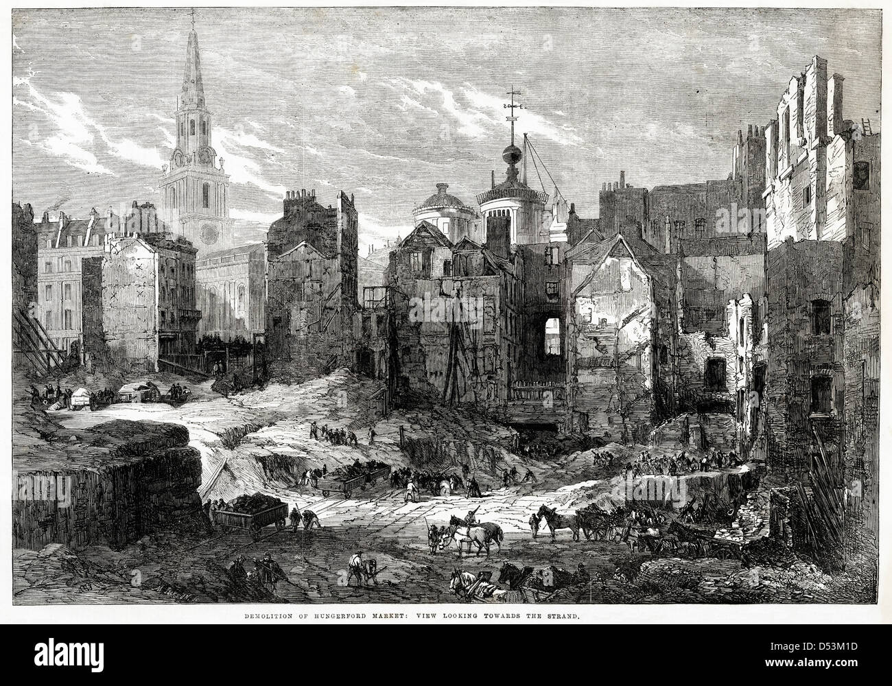 Londra nel periodo Vittoriano. Demolizione di mercato a Hungerford Londra, per far strada a Charing Cross stazione ferroviaria circa 1862. Foto Stock