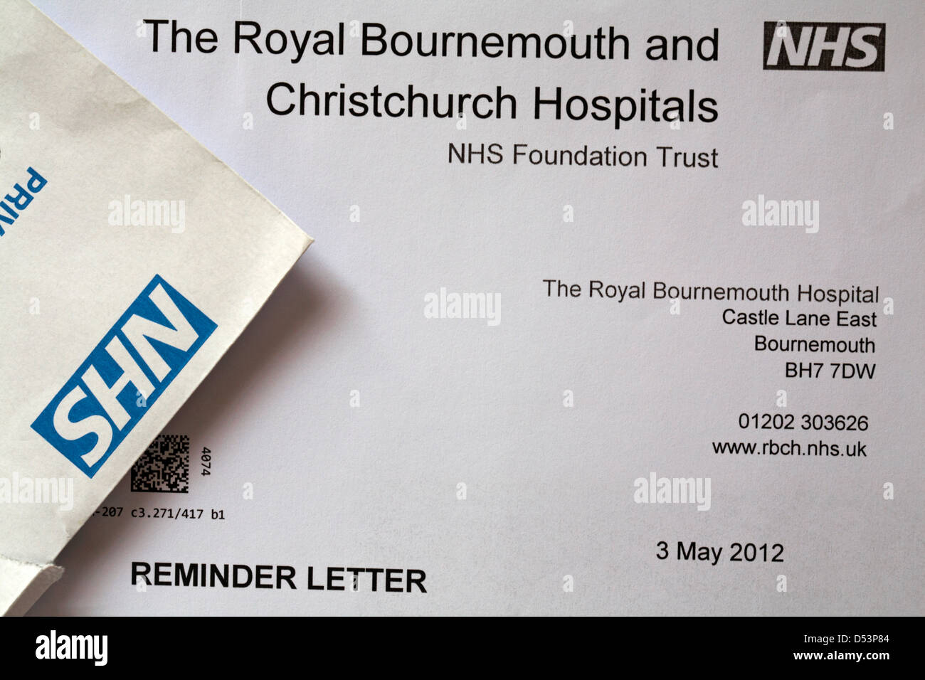 Lettera di sollecito per un ospedale appuntamento dal Royal Bournemouth e Christchurch Hospitals NHS Foundation Trust Foto Stock