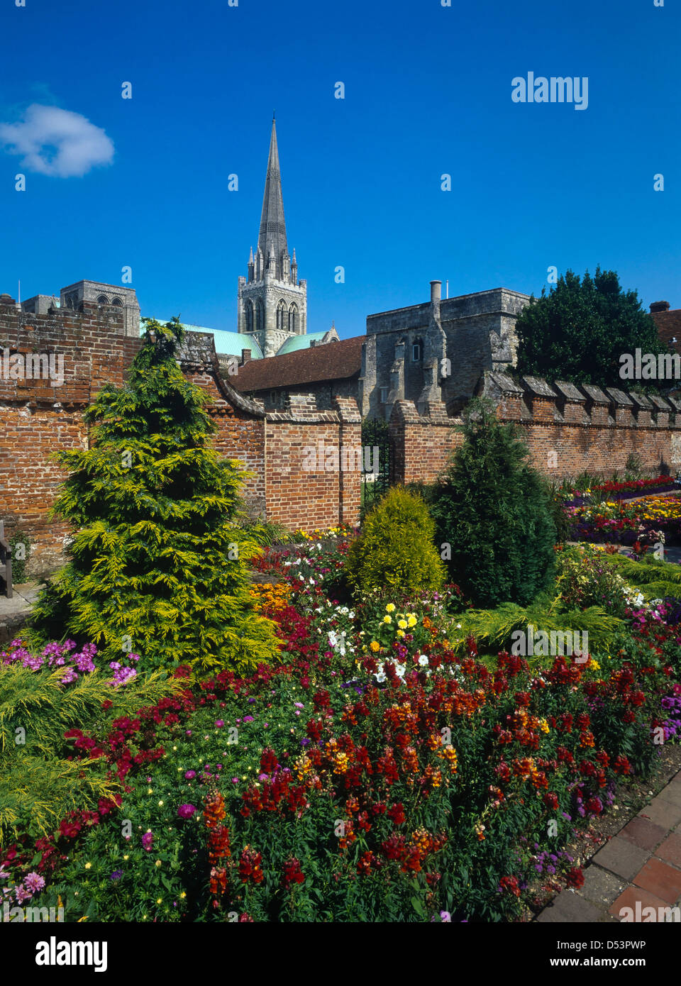 Chichester Cathedral visto dal Palazzo del Vescovo giardini, West Sussex, in Inghilterra, Regno Unito Foto Stock