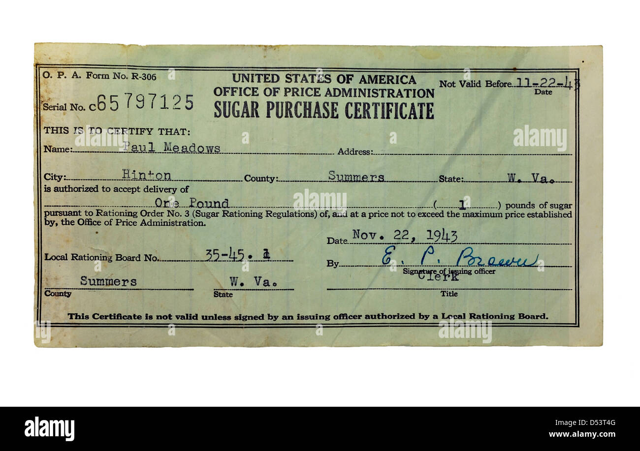 Un certificato utilizzato per l'acquisto di zucchero che è stata razionata durante la guerra, annata 1943. Foto Stock