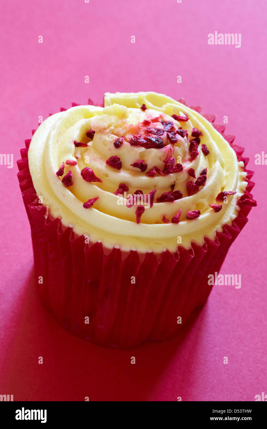 Tesco Finest appassionato di lampone cupcake isolato su sfondo rosso Foto Stock