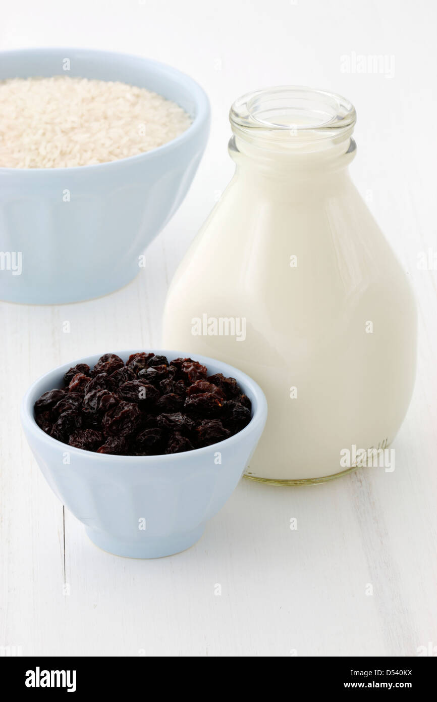 Delizioso budino di riso ingredienti, utilizzata per realizzare uno dei più famosi e deliziosi dessert mai. Foto Stock