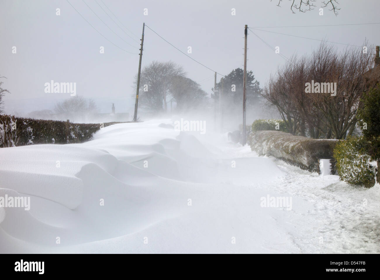 I forti venti soffiano nella neve profonda derive del blocco di un viottolo di campagna vicino a Chorley in Lancashire Foto Stock