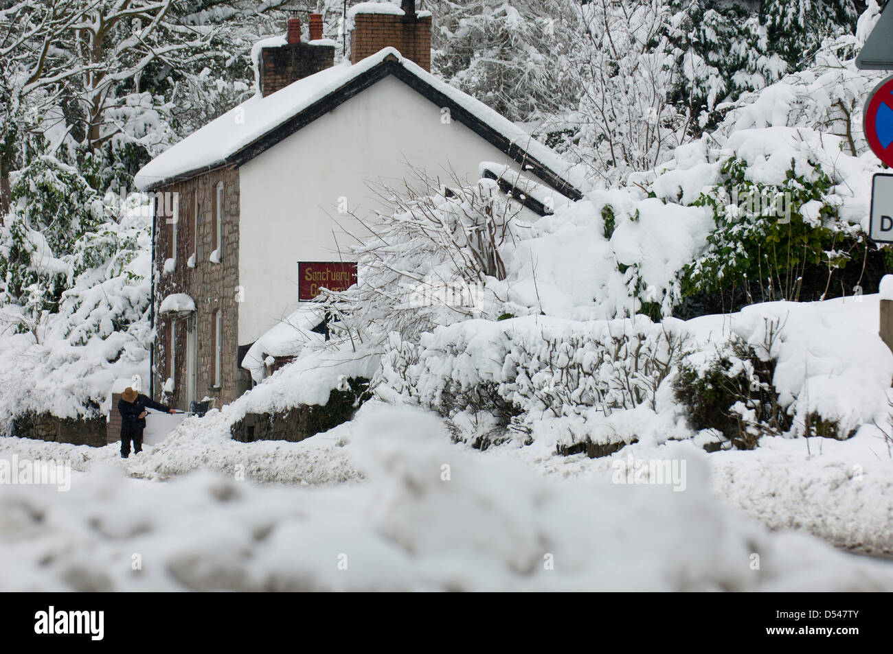 Llangollen, Wales, Regno Unito. Il 24 marzo 2013. La neve è 80cm di profondità in luoghi in Llangollen e molti visitatori intrappolati sulla notte di venerdì, quando la neve pesante fatta strade impraticabili, ora fare un tentativo di scavare le loro auto e tornare a casa. Anche la gente del luogo cercare di ottenere i loro veicoli gratuito per lavoro domani. La neve continua a cadere ma meno pesantemente e le temperature rimangono sotto lo zero. Photo credit: Graham M. Lawrence/Alamy Live News. Foto Stock