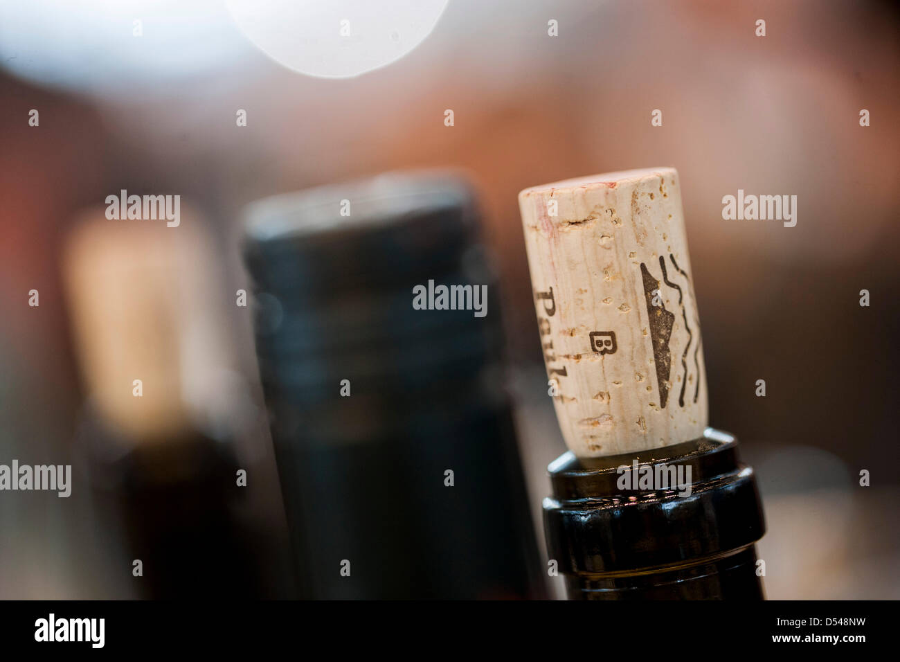 Bottiglie di vino con un twist-off e tappo in sughero sono in mostra alla fiera del vino ProWein a Dusseldorf, Germania, 24 marzo 2013. La fiera si svolge dal 24 fino al 26 marzo 2013. Foto: ROLF VENNENBERND Foto Stock