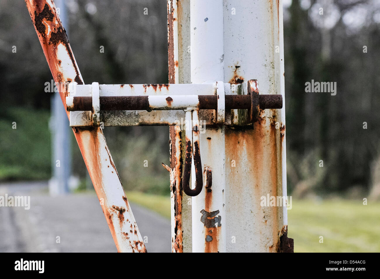 Un bullone arrugginito su un ferro da stiro cancello di sicurezza Foto Stock